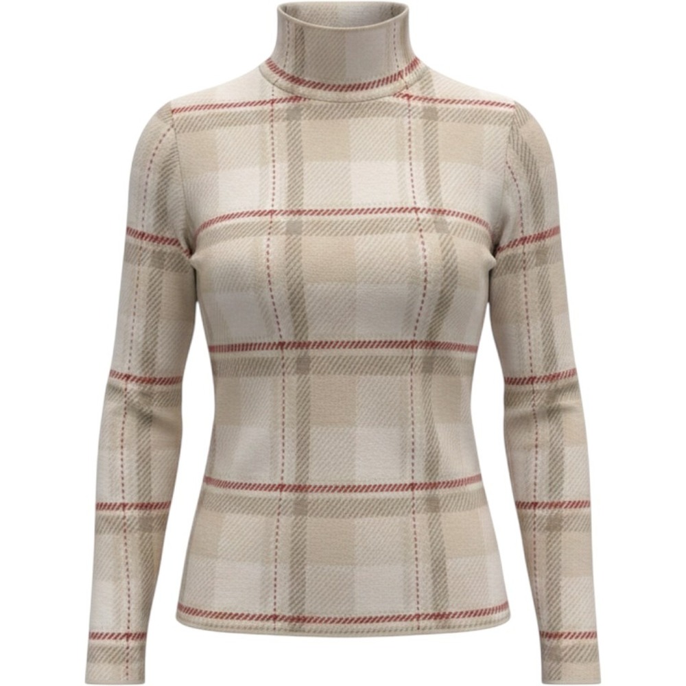 Lands End Womens Plaid Mock Neck Long Sleeve Cotton Blend Sweater Beige Red